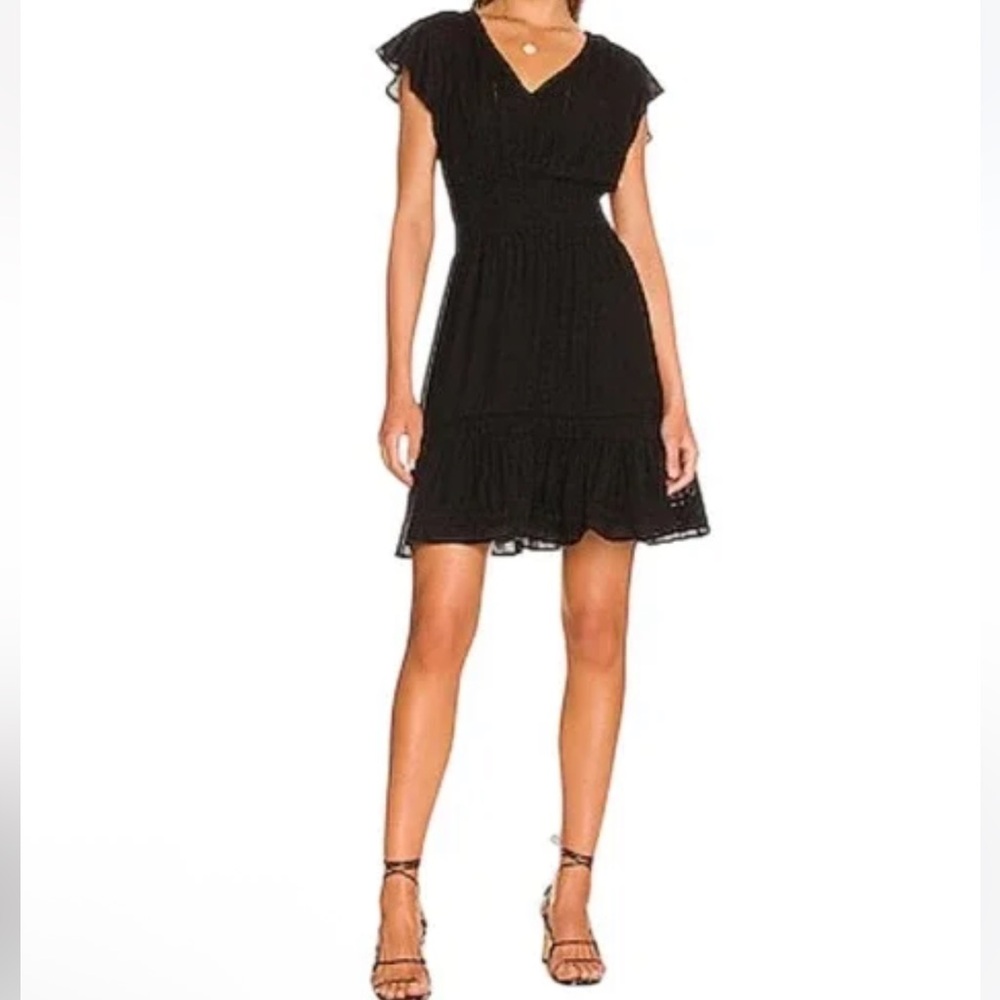 Rails Tara Smocked Black V-Neck Mini Dress Linen Blend Lace Detail Size S